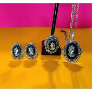 Vintage Whiting Davis Cameo Necklace Ring Earrings Set Silver Tone Jewelry Onyx